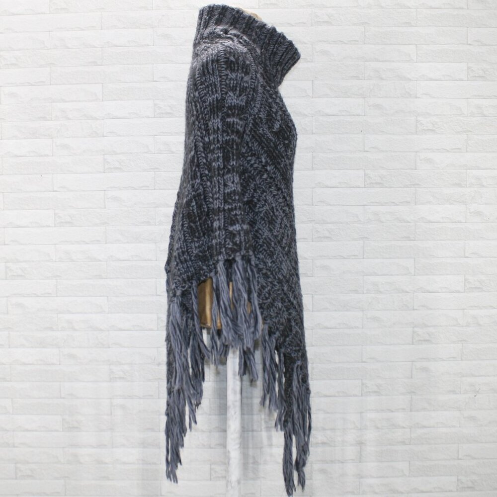 Poncho Knit Fringe Diagonal Cable Knit Stripe Warm Fringe Black Gray One Size - Picture 3 of 14